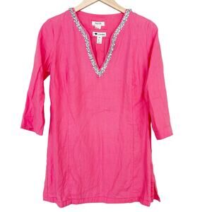 Malvin Pink 100% Linen Beaded Split Neck Tunic Sz M